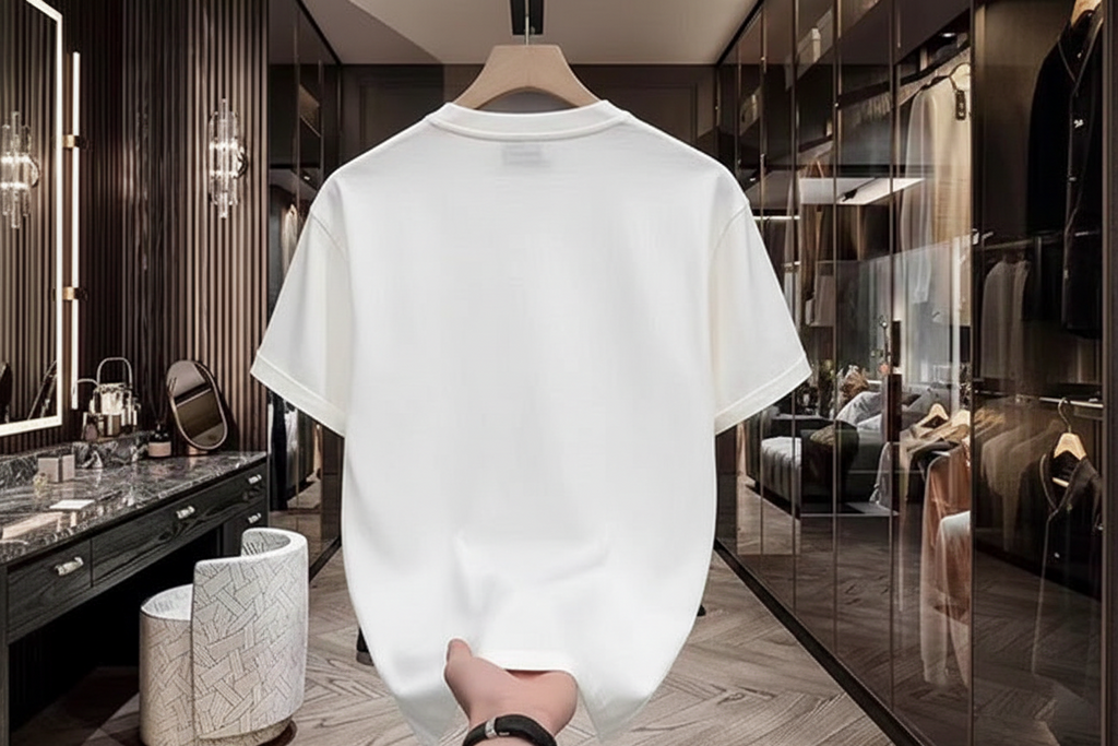 White t-shirt with Gucci and Donald Duck design on a hanger in a room.