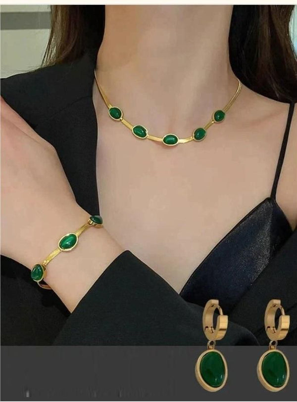 Oval Green Crystal Gold Pendant Necklace Set with Bracelet: Elegance and Grace Combined