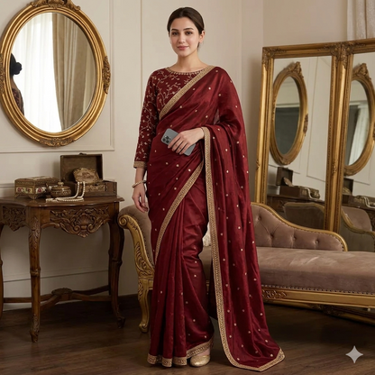 Adrika Graceful Premium Space Satin Saree with Heavy Multi Sequence Embroidery Work & Original Mirror Lace Border | Designer Party Wear Saree with Fully Sequined Blouse for Women
