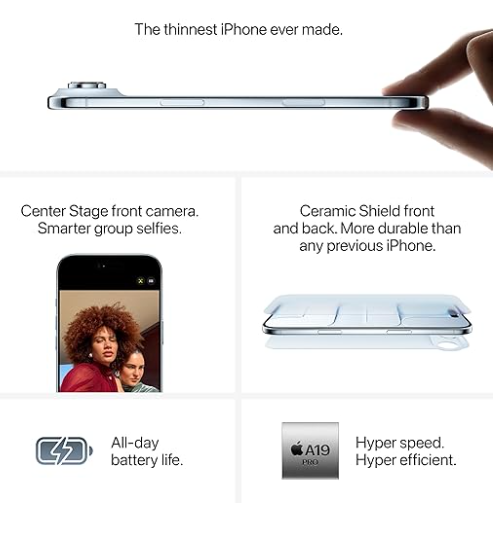 iPhone Air 256 GB: Thinnest iPhone Ever, 16.63 cm (6.5″) Display with Promotion up to 120Hz, Powerful A19 Pro Chip, Center Stage Front Camera, All-Day Battery Life; Sky Blue