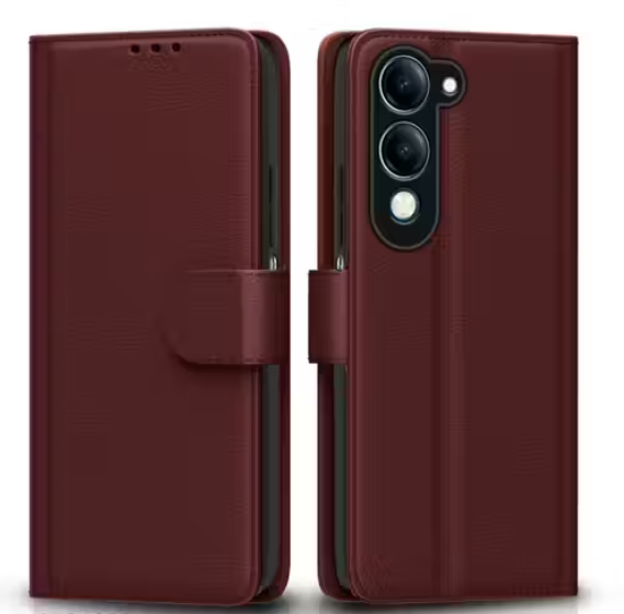 Flip Cover for Vivo Y19e / Y04 4G / Y29s 5G Leather Finish | Inside TPU with Card Pockets | Wallet Stand and Shock Proof | Complete Protection Flip Case(BROWN)