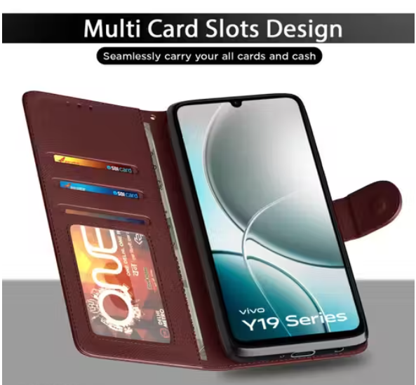 Flip Cover for Vivo Y19e / Y04 4G / Y29s 5G Leather Finish | Inside TPU with Card Pockets | Wallet Stand and Shock Proof | Complete Protection Flip Case(BROWN)