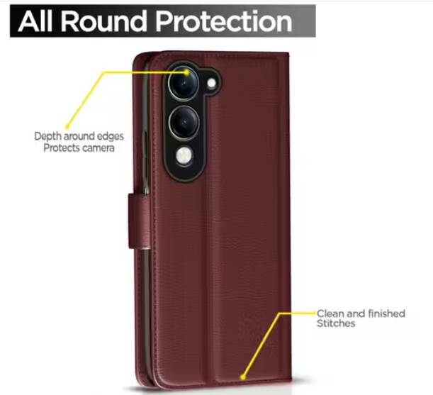 Flip Cover for Vivo Y19e / Y04 4G / Y29s 5G Leather Finish | Inside TPU with Card Pockets | Wallet Stand and Shock Proof | Complete Protection Flip Case(BROWN)