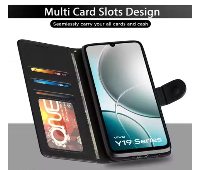 Flip Cover for Vivo Y19e / Y04 4G / Y29s 5G Leather Finish | Inside TPU with Card Pockets | Wallet Stand and Shock Proof | Complete Protection Flip Case(BROWN)