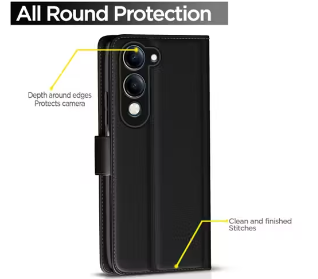 Flip Cover for Vivo Y19e / Y04 4G / Y29s 5G Leather Finish | Inside TPU with Card Pockets | Wallet Stand and Shock Proof | Complete Protection Flip Case(BROWN)