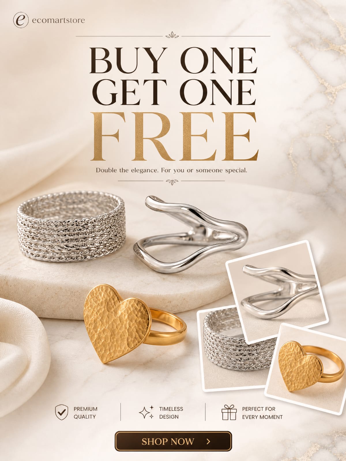 Women’s Combo of 2 Wave Design Rings + FREE Gold Heart Ring