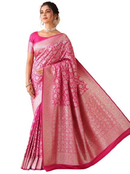 Banarasi Silk Saree With Blouse For Women (Yellow, 6.3M)