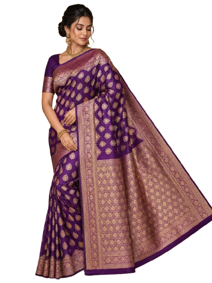 Banarasi Silk Saree With Blouse For Women (Yellow, 6.3M)