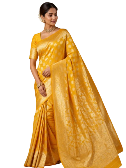 Banarasi Silk Saree With Blouse For Women (Yellow, 6.3M)