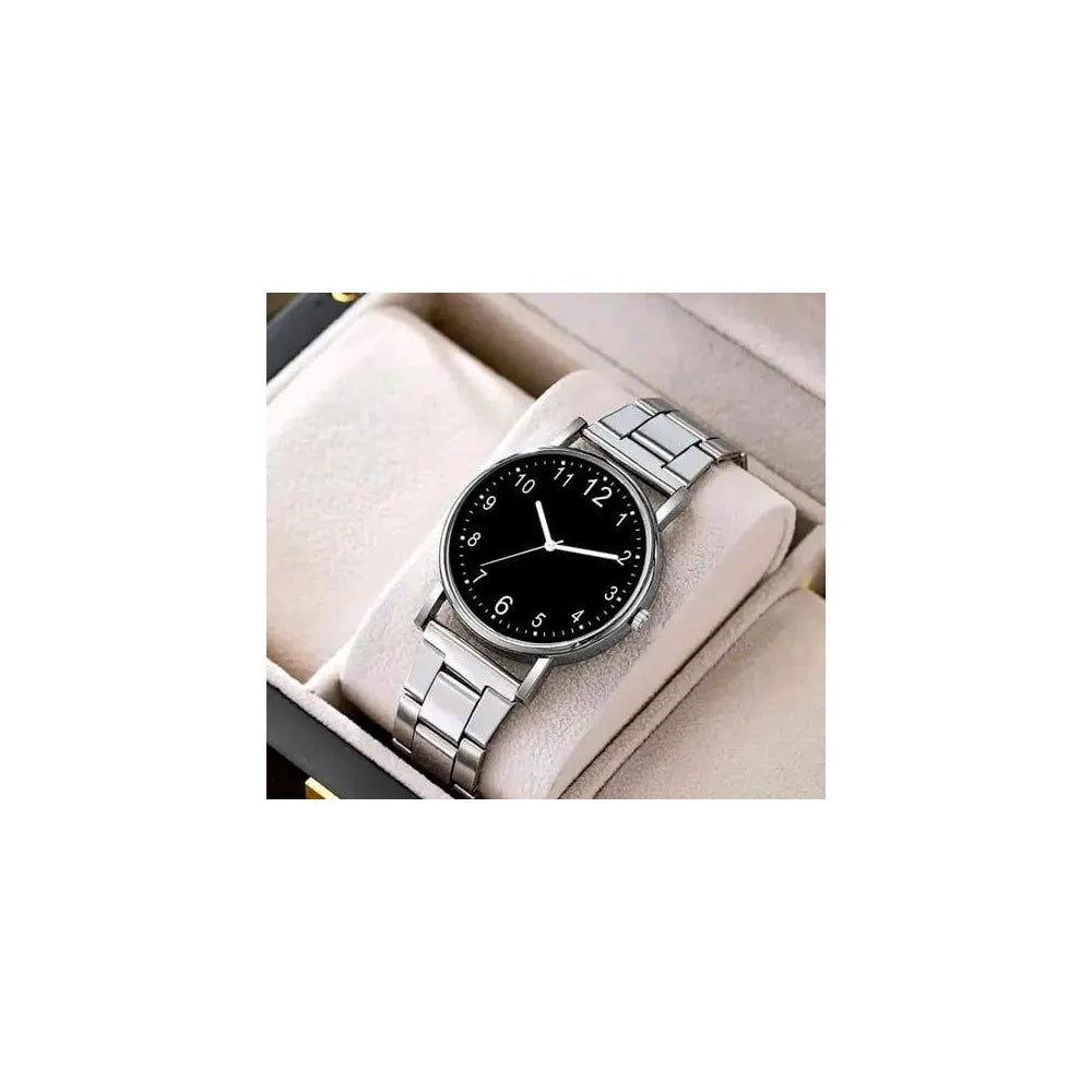Classic Men's Analog Watch - Silver Stainless Steel with Black Dial