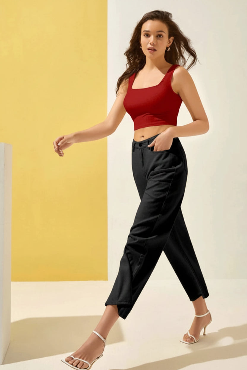 Cotton Blend Solid Top for Women (Red, S)