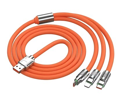 120W Fast Charge 3 in 1 USB Cable - Universal Retractable Charger for Android, Apple & Type-C Devices (Orange)